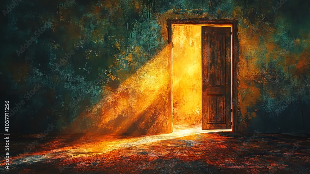 Open door radiating warm light in a textured room. Open door radiating warm light in a textured room.