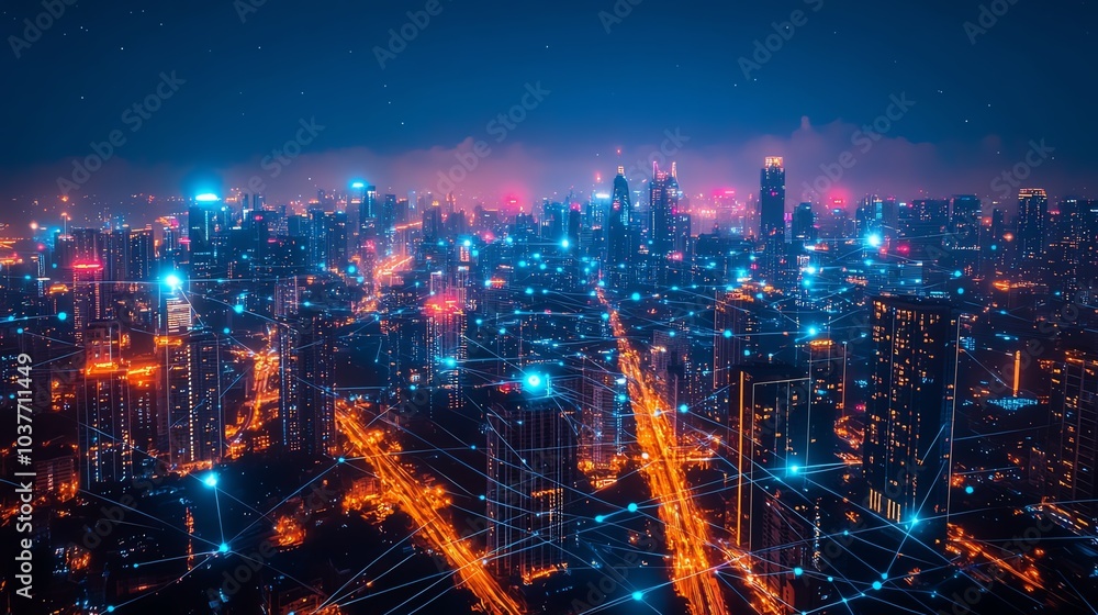 Vibrant city skyline with illuminated buildings and roads at night. Vibrant city skyline with illuminated buildings and roads at night.