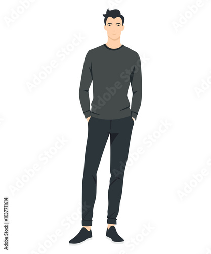 Vector illustration of a man wearing a dark gray sweater and black pants. Discreet and comfortable style for every day.