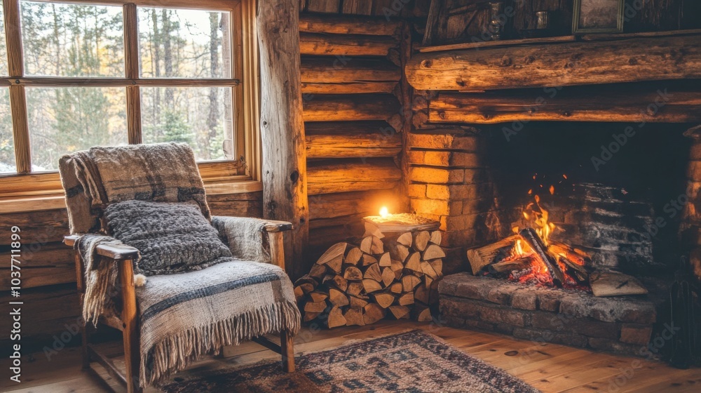 Fototapeta premium Cozy Rustic Cabin with Warm Crackling Fire
