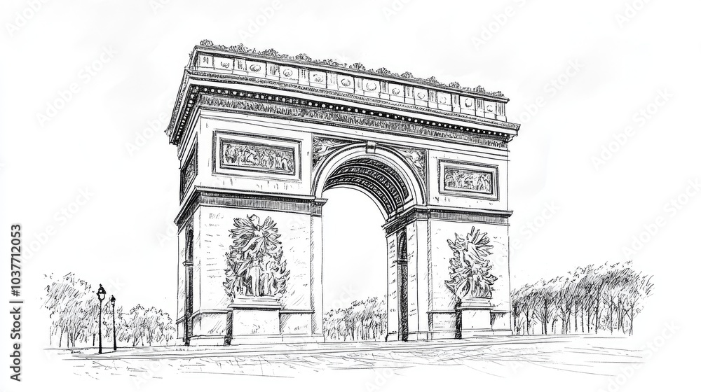 Fototapeta premium Line art illustration of an iconic archway featuring intricate ink sketch detailing