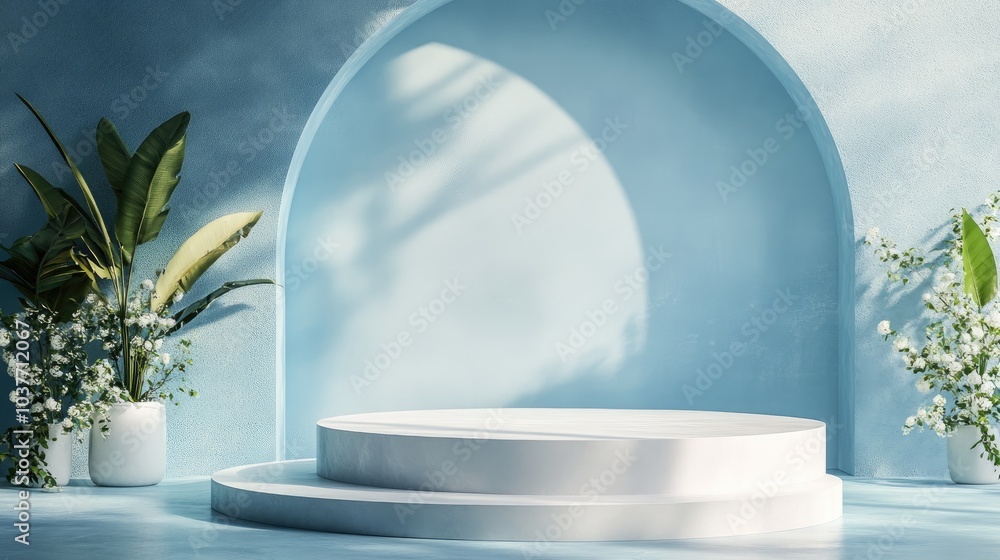 Product display podium against a serene blue backdrop 3D rendering Product display podium against a serene blue backdrop 3D rendering