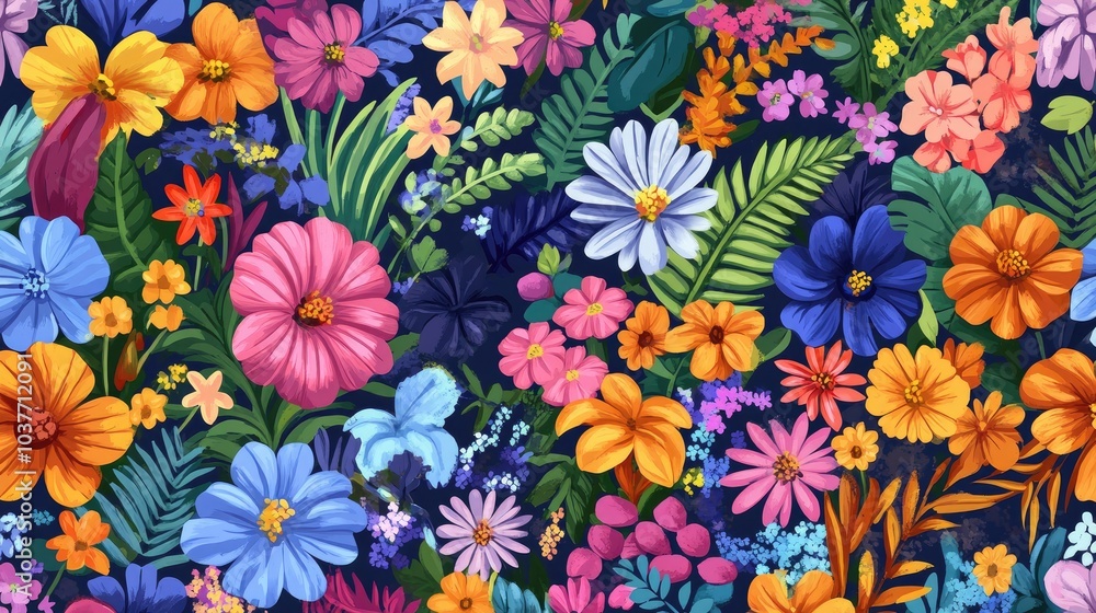 Seamless 2D cartoon floral design featuring vibrant imaginative plants and flowers suitable for wallpaper pattern fills web backgrounds and surface textures Seamless 2D cartoon floral design featuring vibrant imaginative plants and flowers suitable for wallpaper pattern fills web backgrounds and surface textures