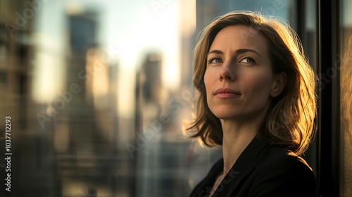 Businesswoman standing by a window, her face half-lit by natural light, city skyline blurred in the distance