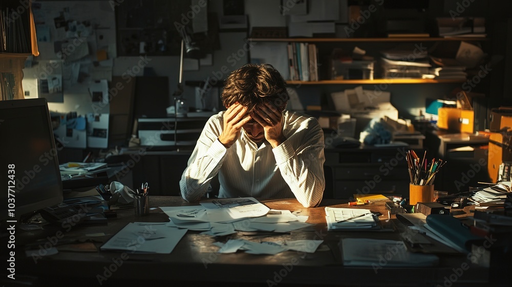 Naklejka premium Businessman sitting at his desk, hands over his face, with a messy workspace in the foreground, soft evening light casting long shadows, low-angle shot capturing his defeated posture. 