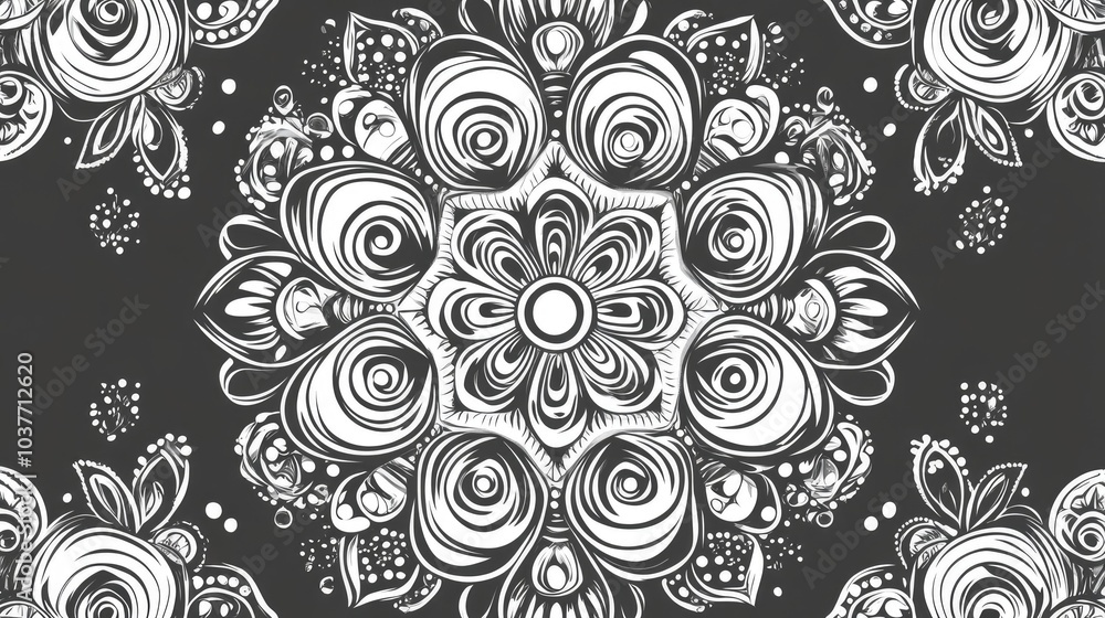 Line art mandala pattern with an abstract decorative floral design in black and white suitable for wallpaper or background use Line art mandala pattern with an abstract decorative floral design in black and white suitable for wallpaper or background use
