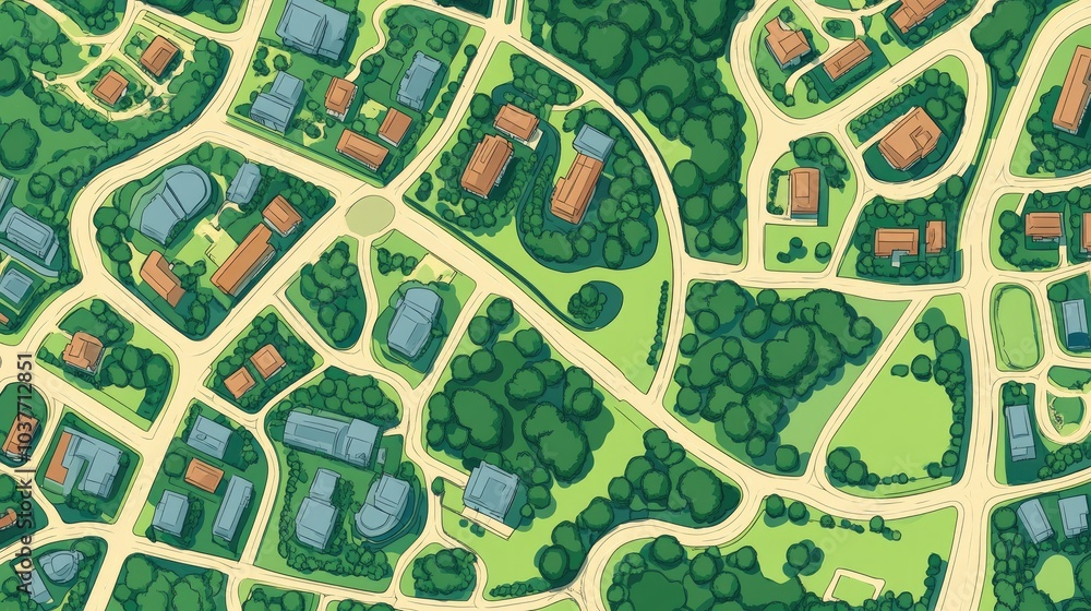 Fototapeta premium City map featuring roads and streets in a 2D cartoon outline style