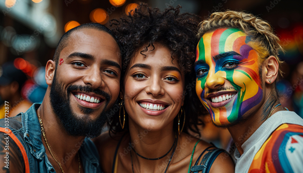 Fototapeta premium Three Diverse Friends Smiling Together at a Pride Parade
