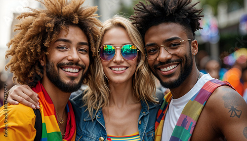 Diverse Friends Smiling Together at Pride Parade