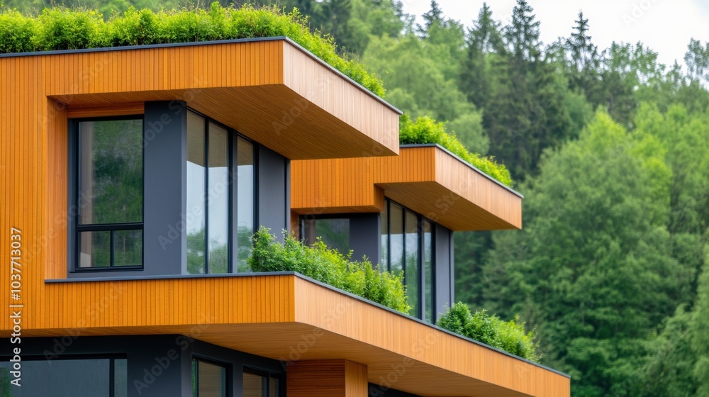 Fototapeta premium Modern eco-friendly building with lush rooftop gardens against a forest backdrop, AI