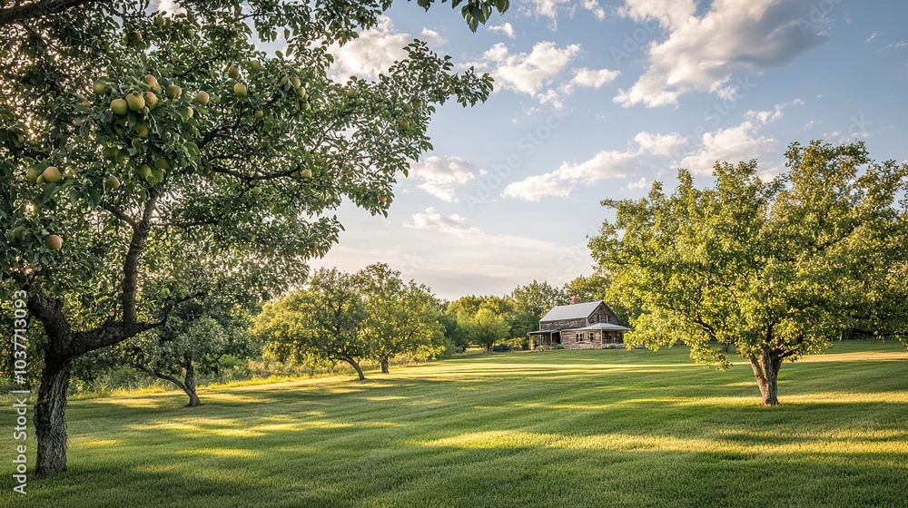 Obraz premium A rustic apple orchard during golden hour, apples glowing under the warm light, low-angle shot of trees in full bloom, with the distant farmhouse and blue sky framing the peaceful scene. 