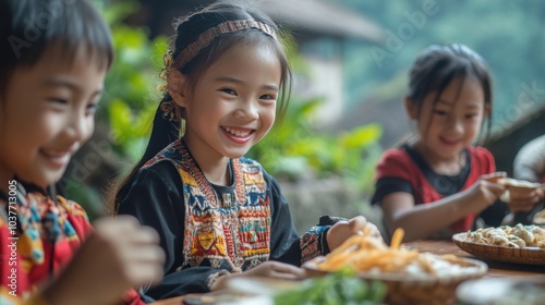 Three smiling children eating at a table.