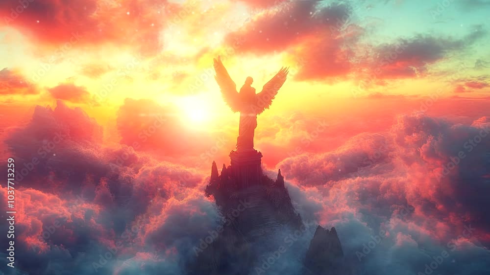 Ethereal Angel in the Center of Parted Clouds, Fantasy Setting. Seamless looping time-lapse virtual 4k video animation background Ethereal Angel in the Center of Parted Clouds, Fantasy Setting. Seamless looping time-lapse virtual 4k video animation background