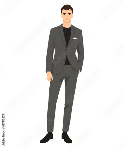 Vector illustration of a man in a gray suit with a black shirt underneath. Formal and elegant style