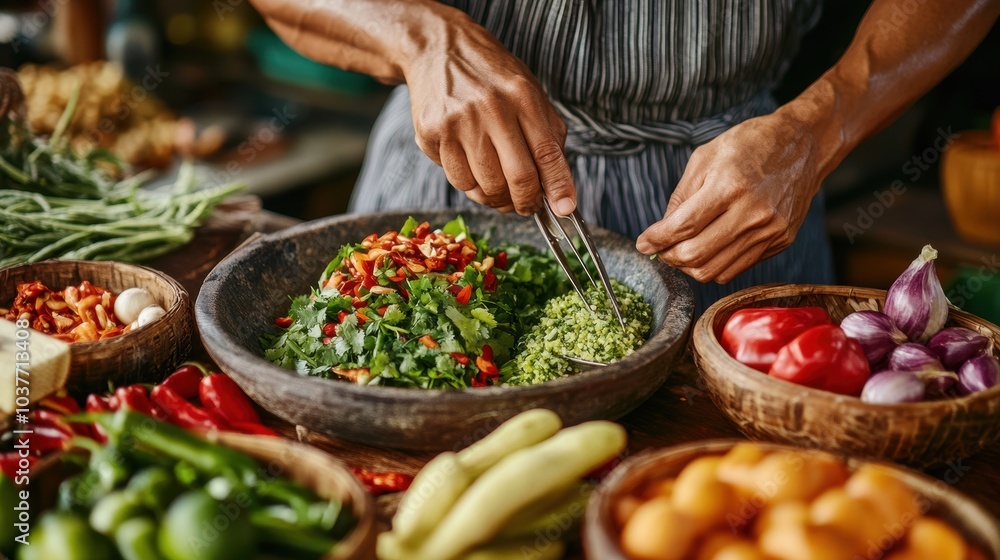 A person preparing a meal with various vegetables. A person preparing a meal with various vegetables.
