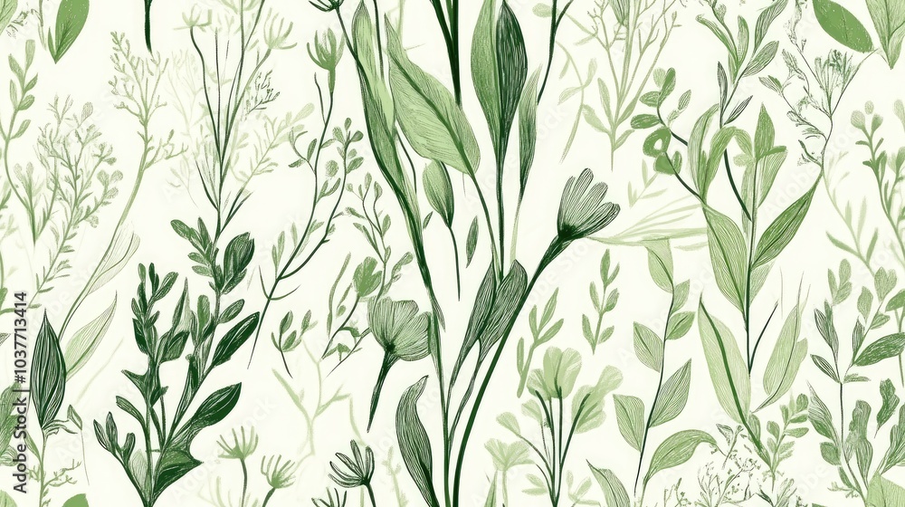 Seamless floral illustration in a green bohemian style Hand drawn design on a light background Seamless floral illustration in a green bohemian style Hand drawn design on a light background