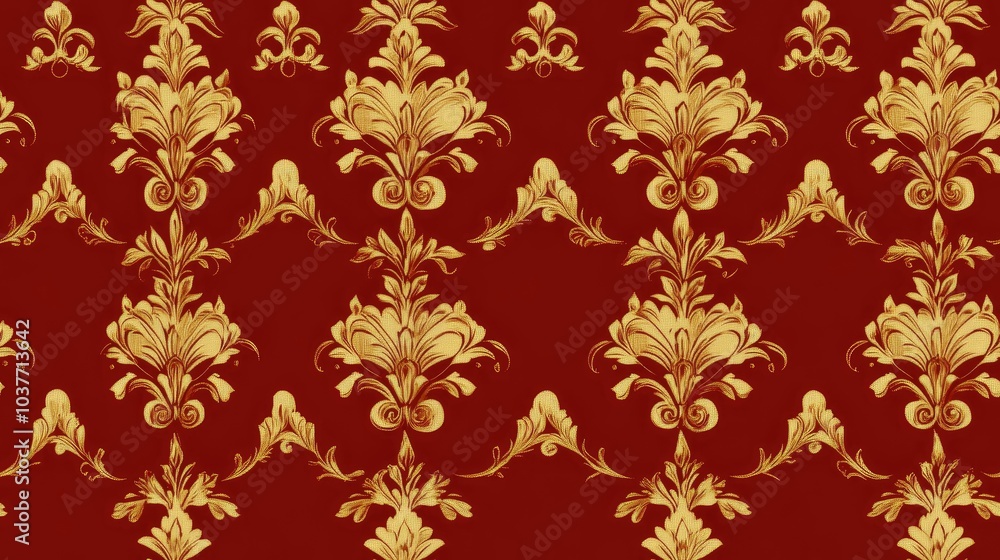 Seamless classic raster golden pattern featuring traditional ornamental design on a red background Seamless classic raster golden pattern featuring traditional ornamental design on a red background