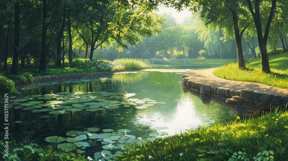 Fototapeta premium Oil painting depicting a serene park landscape featuring tranquil water bodies and lush greenery capturing the essence of a peaceful outdoor setting
