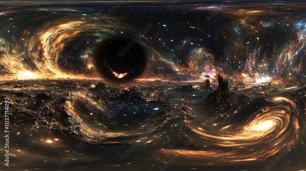 360 degree massive black hole panorama in 3D cartoon rendering ...