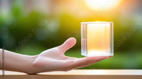 A hand holds a transparent cube, capturing sunlight against a blurred green background, AI