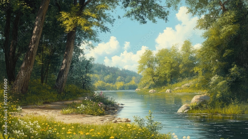 Fototapeta premium Oil painting depicting a scene of a river creek on a bright summer day