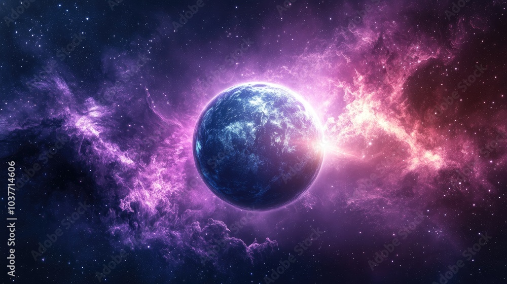 Fototapeta premium Grey planet in cosmic setting with dynamic beams against a dark background featuring a purple nebula creating a fantastical 3D illustration reminiscent of comic book galaxy art