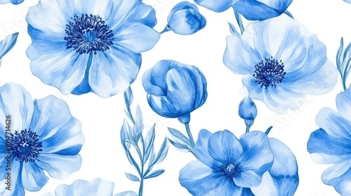 Fototapeta Naklejka Na Ścianę i Meble -  Floral watercolor seamless pattern suitable for textile prints including bed linen jackets packaging fabric and fashion applications featuring blue flowers