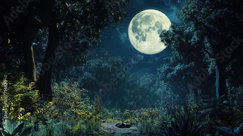 An enchanting fairytale forest at night illuminated by a large moon showcasing lush trees and vibrant vegetation