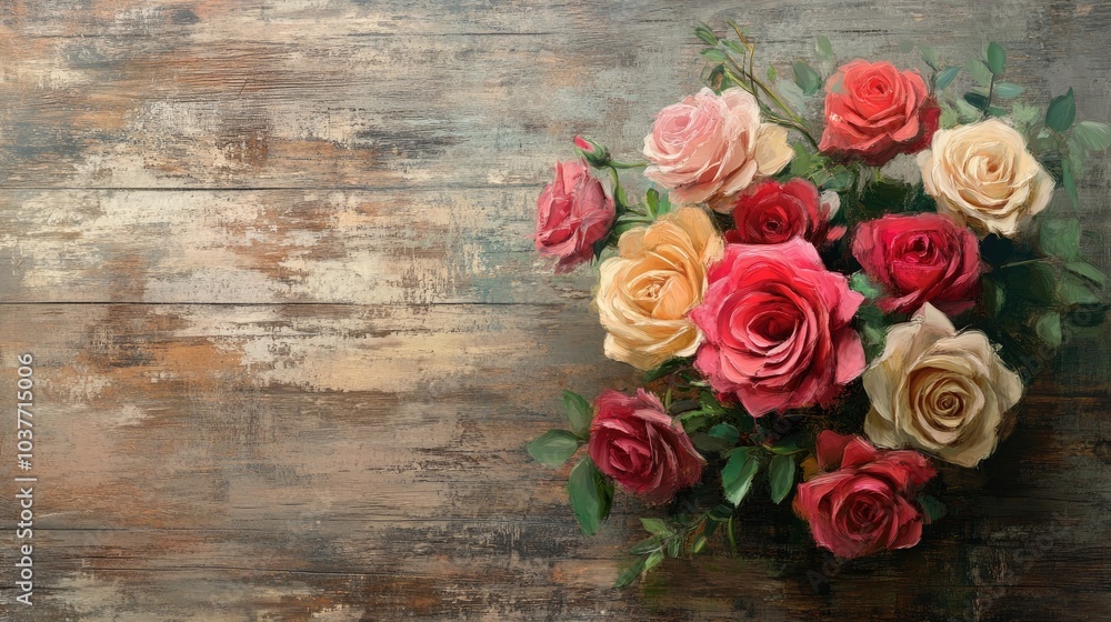 Oil painting of a stunning rose flower bouquet set against a wooden background ideal for celebrations such as Mother s Day Valentine s Day and weddings Oil painting of a stunning rose flower bouquet set against a wooden background ideal for celebrations such as Mother s Day Valentine s Day and weddings