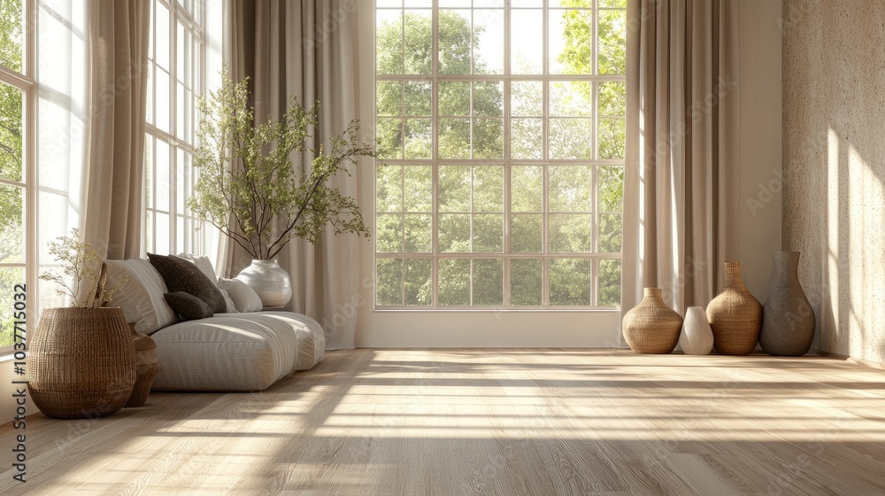 Concept of a bright Scandinavian living room featuring a sofa vases on wooden flooring decorated large wall and a serene landscape visible through curtained windows 3D illustration Concept of a bright Scandinavian living room featuring a sofa vases on wooden flooring decorated large wall and a serene landscape visible through curtained windows 3D illustration