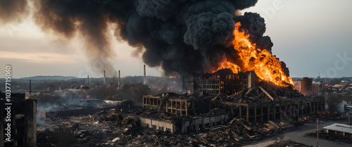 A massive industrial inferno erupts as a factory implodes in a catastrophic explosion, engulfed in towering flames that illuminate the darkening sky with an otherworldly glow. photo