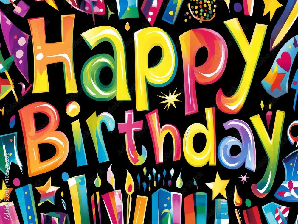Energetic birthday illustration adorned with playful graffiti in rainbow hues. Energetic birthday illustration adorned with playful graffiti in rainbow hues.