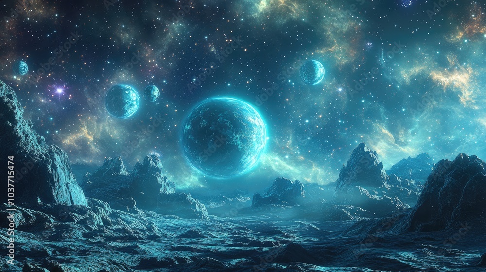 Fototapeta premium 3D illustration of a beautiful cosmic scene featuring planets rendered in high quality digital space art at 5K resolution