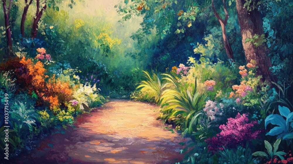Oil painting depicting a trail through a lush nature reserve showcasing serene landscapes and vibrant flora Oil painting depicting a trail through a lush nature reserve showcasing serene landscapes and vibrant flora