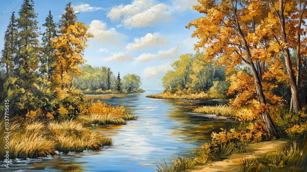 Oil painting depicting a serene river scene on a picturesque day by the water Oil painting depicting a serene river scene on a picturesque day by the water