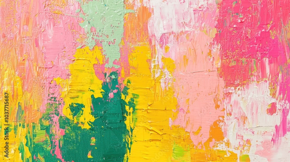 Abstract painting with yellow, pink, green, and white. Abstract painting with yellow, pink, green, and white.