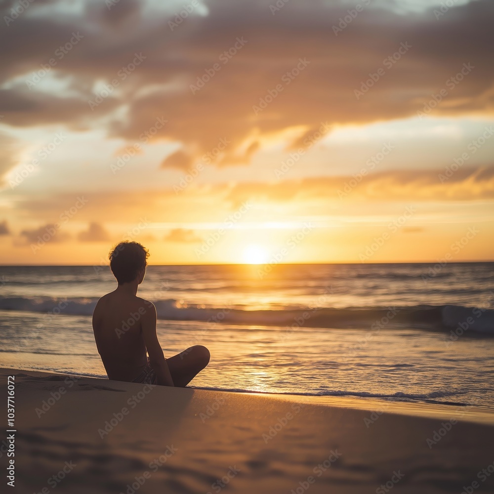 Fototapeta premium A person sits peacefully on a beach, gazing at the serene ocean as the sun sets, embodying tranquility and reflection.