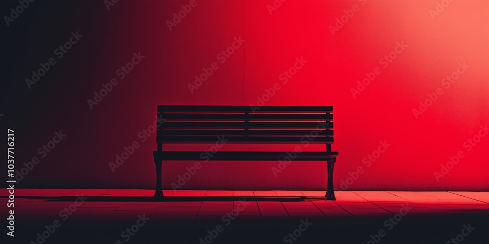 A solitary park bench lit with vivid red light, creating a moody and dramatic atmosphere. A solitary park bench lit with vivid red light, creating a moody and dramatic atmosphere.