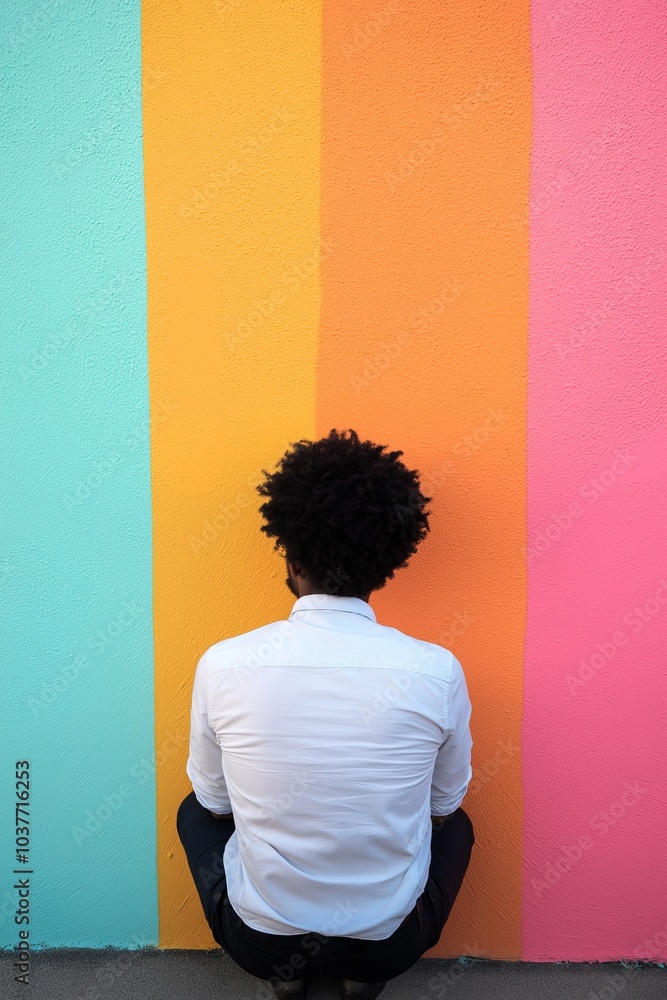 A man facing a brightly colored rainbow wall, showcasing a contrast between his white shirt and the vivid backdrop. A man facing a brightly colored rainbow wall, showcasing a contrast between his white shirt and the vivid backdrop.
