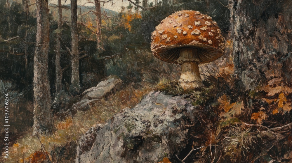Fototapeta premium Oil painting depicting a brown mushroom in a forest setting featuring a vibrant natural backdrop and exceptional quality