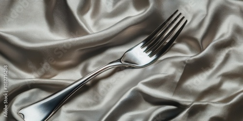 A silver fork on a textured fabric.