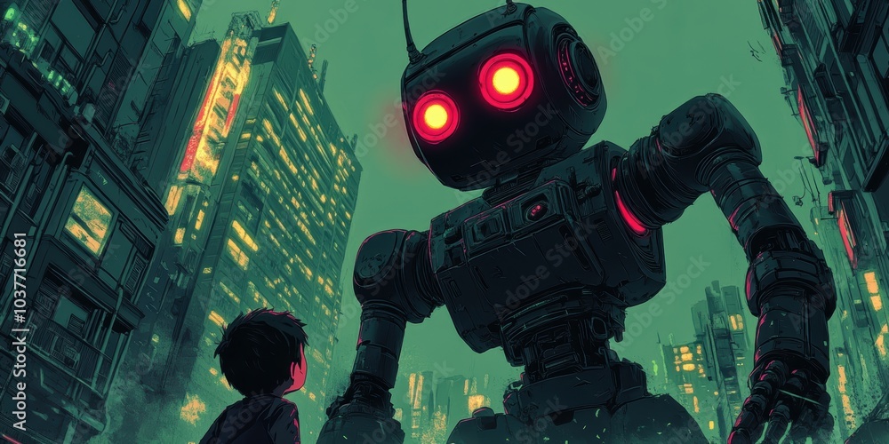 Fototapeta premium Giant robot looms over small boy in city.