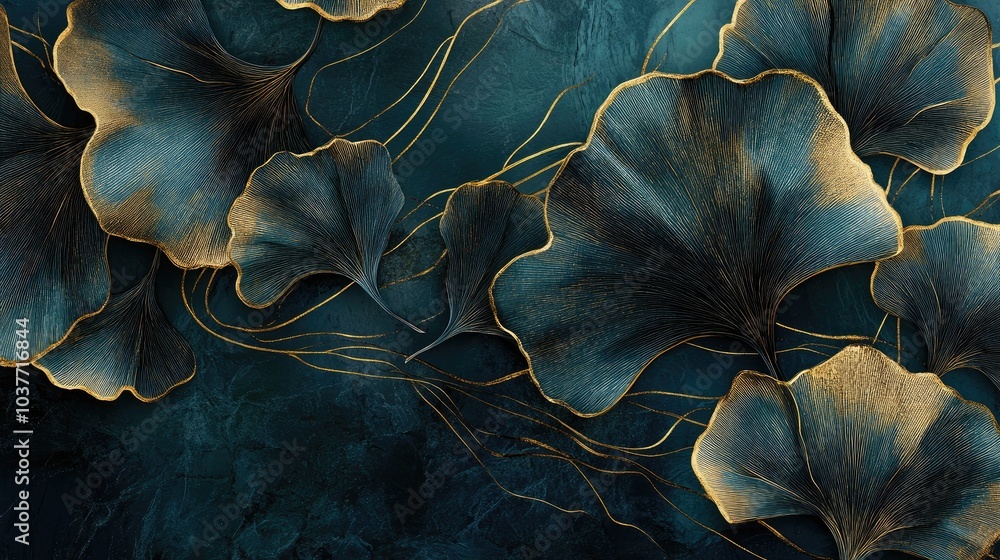 Obraz premium Luxury gold Ginkgo Biloba leaf painting featuring a black and golden design complemented by dark blue and green hues and shimmering golden line textures Modern mural wallpaper art