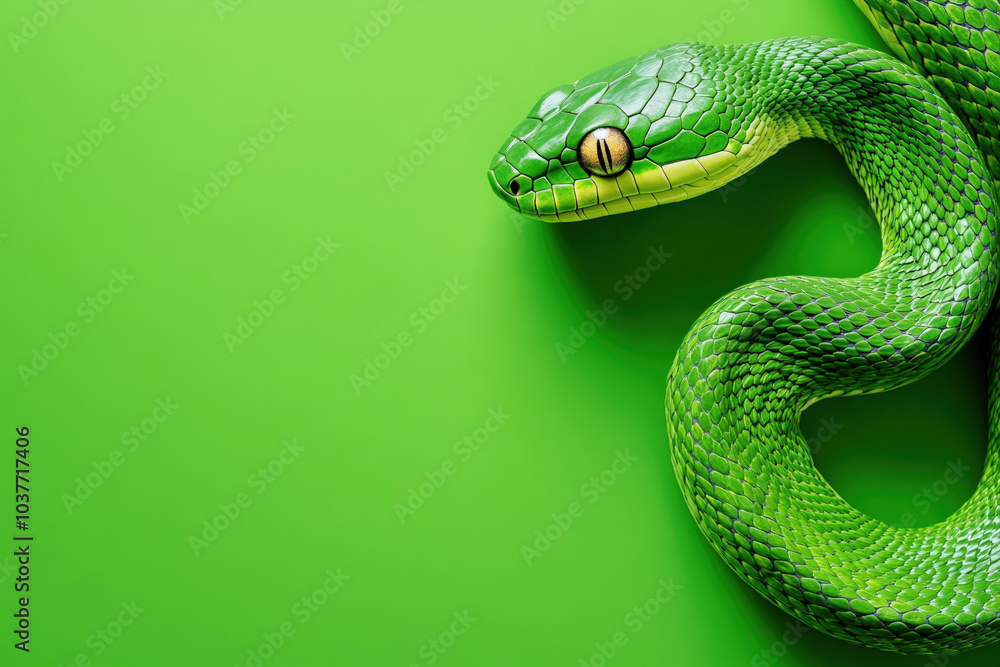 Green Snake on Green Background, Year of Wooden Green Snake, Copy Space Green Snake on Green Background, Year of Wooden Green Snake, Copy Space