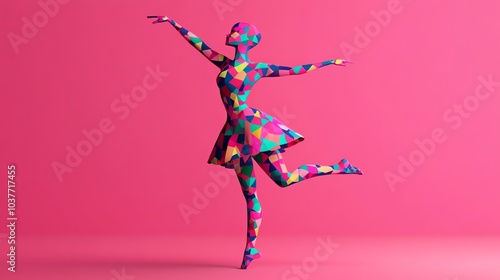 Colorful abstract figure dancing joyfully against a vibrant pink background, showcasing modern artistic expression and creativity.