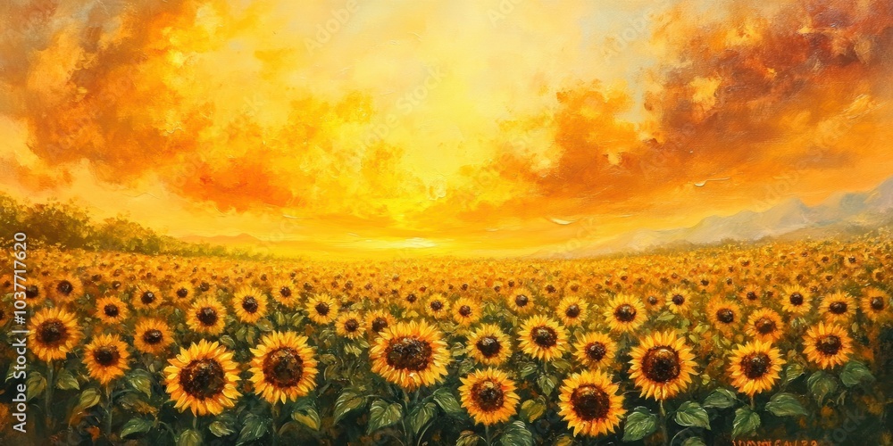 Fototapeta premium Sunflowers in a field at sunset.
