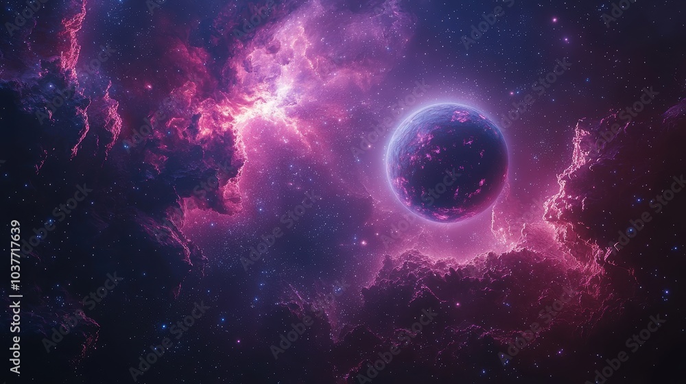 Obraz premium Pink nebula with a planet in the middle.