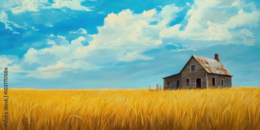 Rustic cabin in a golden field under a blue sky. Rustic cabin in a golden field under a blue sky.