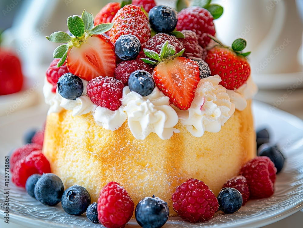 festive cake topped with fresh berries and whipped cream, beautifully decorated with strawberries, raspberries, and blueberries festive cake topped with fresh berries and whipped cream, beautifully decorated with strawberries, raspberries, and blueberries