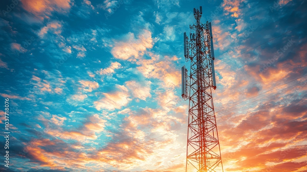 Telecommunication tower against a vibrant sunset sky Telecommunication tower against a vibrant sunset sky